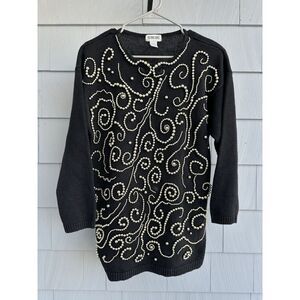 Vintage Victoria Jones Size M Black Embellished Gold Beaded Sweater 3/4 Sleeve